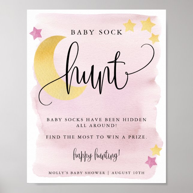 Över Måne Rosa Baby Shower Baby Sock Hunt Game Poster (Framsidan)