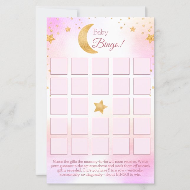Över Måne Rosa Baby Shower Bingo Card (Framsida)
