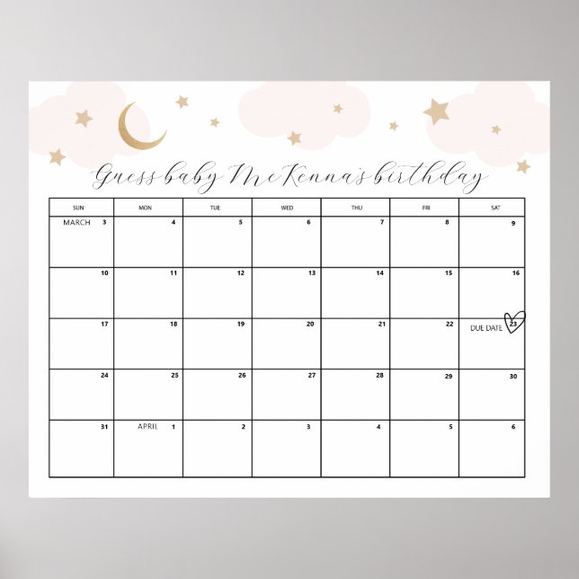 Över Måne Rosa Baby Shower förfallodatum Gissa Poster (Framsidan)
