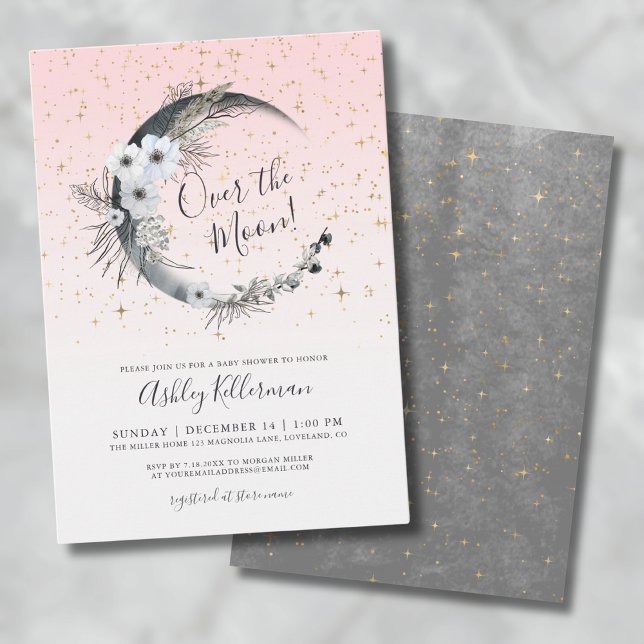 Över Måne Rosa Baby Shower Inbjudningar (Moon and Stars Pink Baby Shower Invitation)