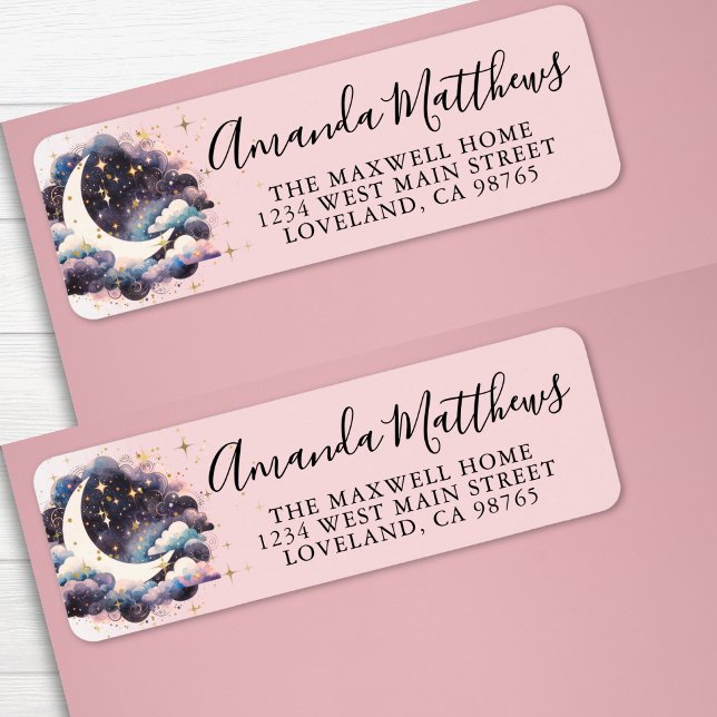 Över Måne Rosa Baby Shower Returadress Returadress Etikett (Over The Moon Pink Girl Baby Shower Return Address label )