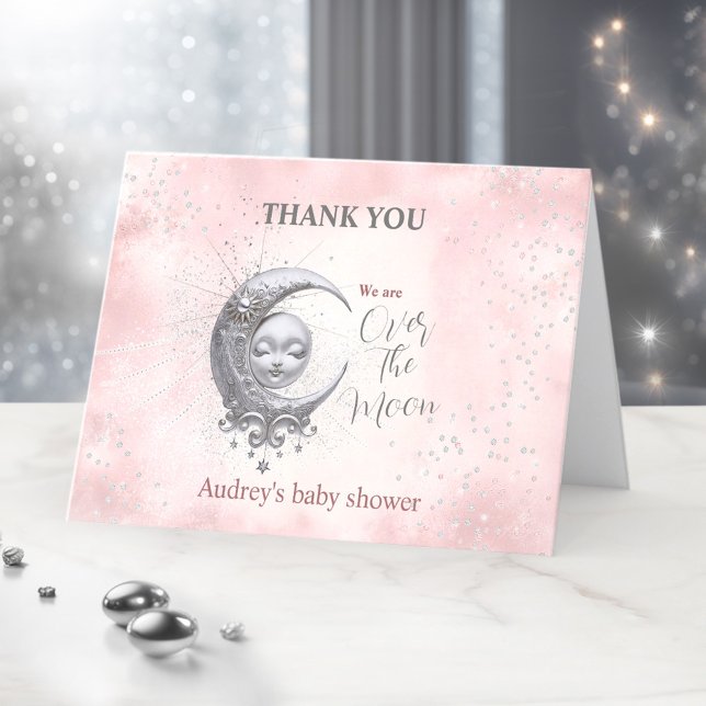 Över Måne Rosa Baby Shower - tack för ditt kort (Over The Moon Pink Girl Baby Shower Thank You Card)
