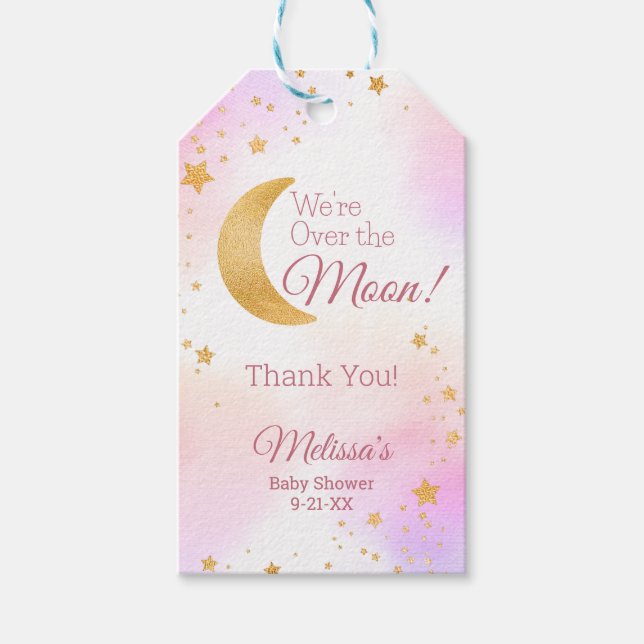 Över Måne Rosa Baby Shower Tack Presentetikett (Framsidan)