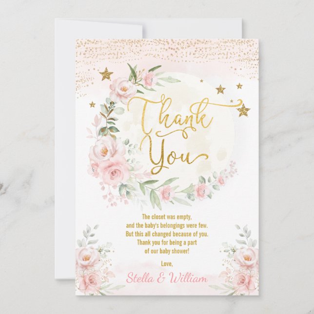 Över Måne Rosa Guld Blommigt Stars Baby Shower Tack Kort (Framsida)