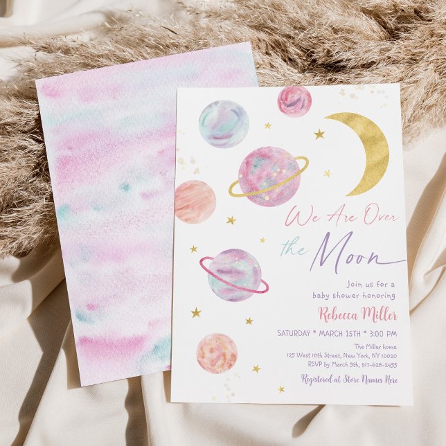Över Måne Rosa Pastel Space Baby Shower Inbjudningar (Skapare uppladdad)
