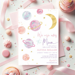 Över Måne Rosa Space Girl Baby Shower Inbjudningar