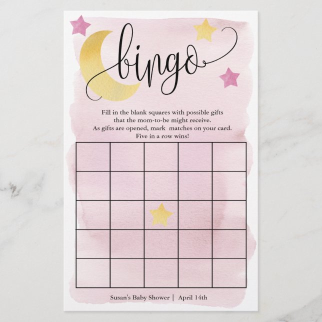 Över Måne, Rosa Stars Bingo Pappert spelkort Flygblad (Framsidan)