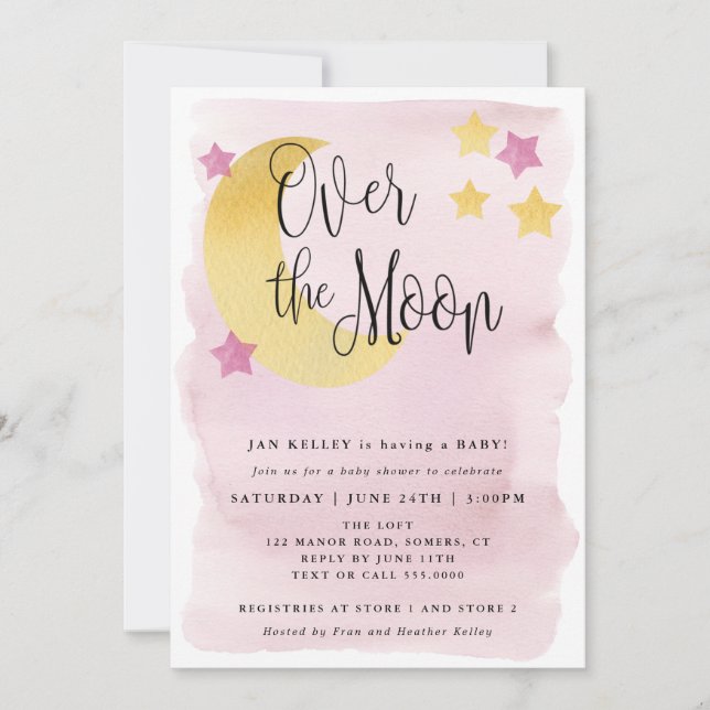 Över Måne, Rosa Watercolor Baby Shower Inbjudningar (Framsida)
