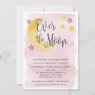 Över Måne, Rosa Watercolor Baby Shower Inbjudningar