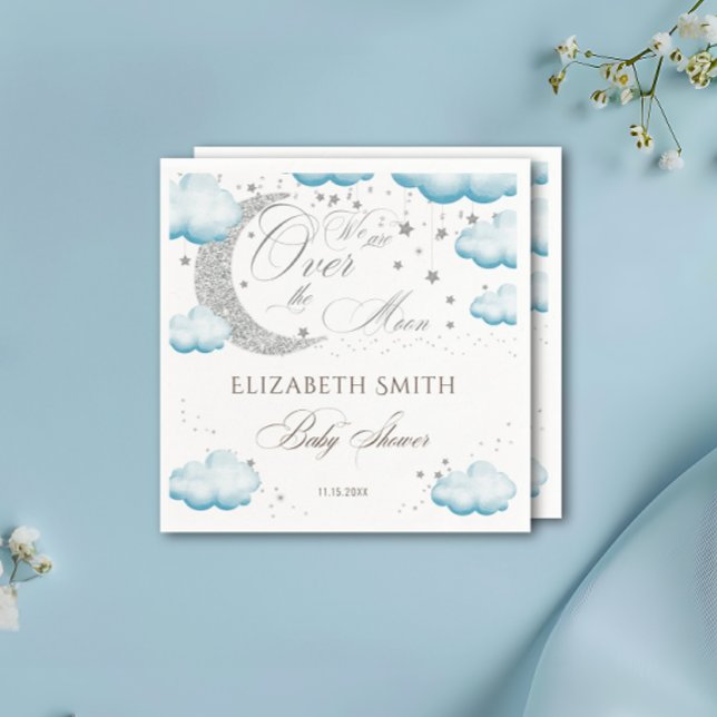 Över Måne Silver Blue Boy Baby Shower Glitter Pappersservett (Skapare uppladdad)