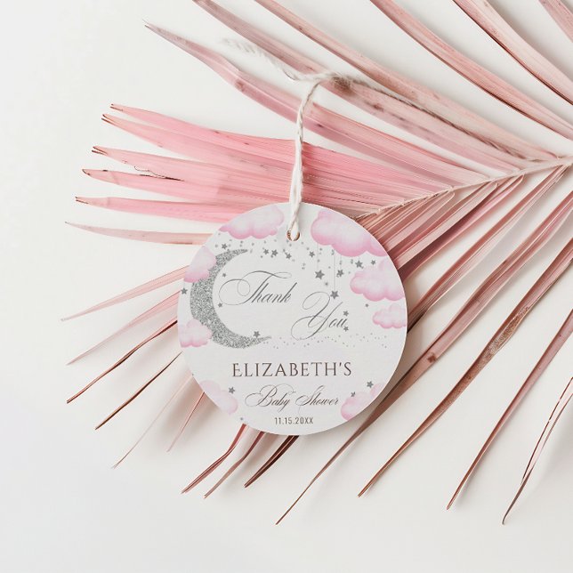 Över Måne Silver Rosa Baby Shower Glitter Gåvor Etiketter (Skapare uppladdad)
