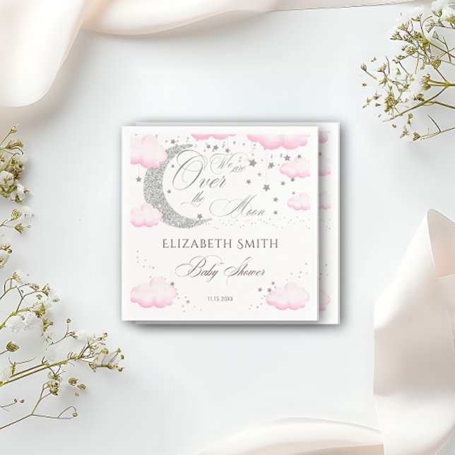 Över Måne Silver Rosa Baby Shower Pappersservett (Skapare uppladdad)