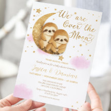 Över Måne Sloth Girl Twillingar Rosa Baby Shower