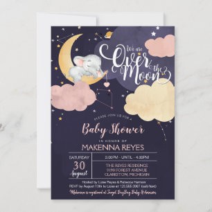 Över Måne: Spipande elefant Baby Shower I Inbjudningar