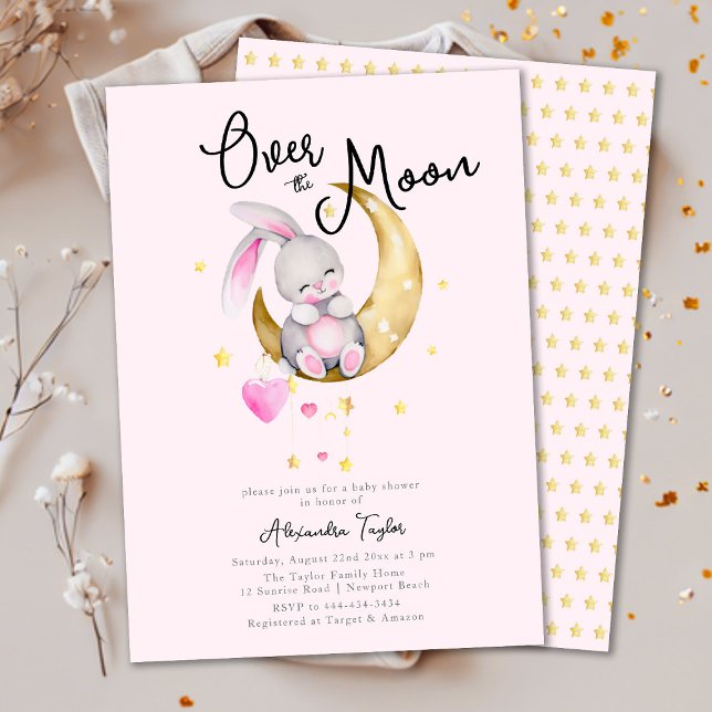 Över Måne Stars Rabbit Rosa Girl Baby Shower Inbjudningar (Skapare uppladdad)