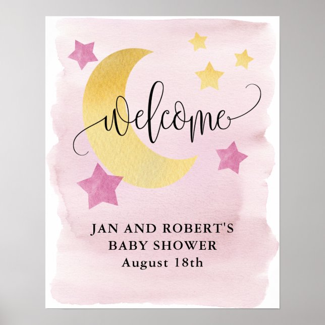 Över Måne, välkomstbesök för Rosa Baby Shower Poster (Framsidan)