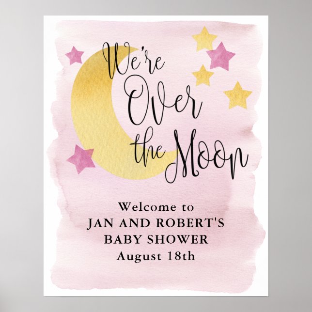 Över Måne, välkomstskylt för Rosa Baby Shower Poster (Framsidan)