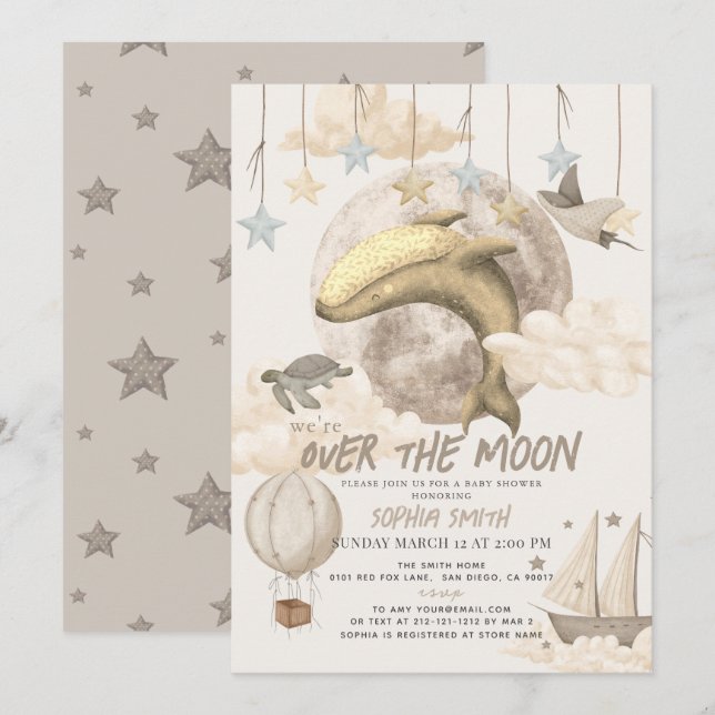 Över Måne Whale Boho Baby Shower Inbjudningar (Fram/baksida)