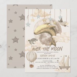 Över Måne Whale Boho Baby Shower Inbjudningar