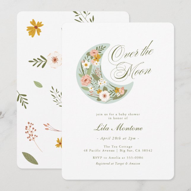 Över Måne Wildblomsterbabyduschen Inbjudningar (Fram/baksida)