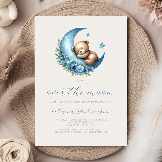 Över månen akvarellbjörn blå pojke baby shower inbjudningar (Skapare uppladdad)