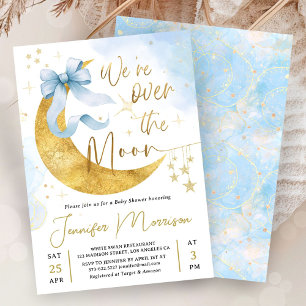 Över månen baby shower pojke blå båge guld inbjudningar