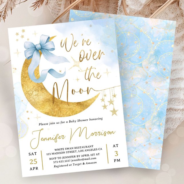 Över månen baby shower pojke blå båge guld inbjudningar (Skapare uppladdad)