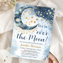 Över Månen Baby Shower Pojke Blå Glittrande Stjärn