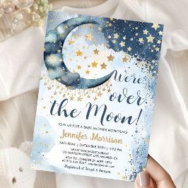 Över Månen Baby Shower Pojke Blå Glittrande Stjärn Inbjudningar