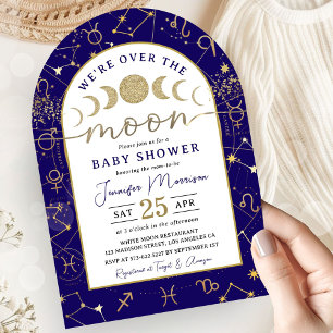 Över månen baby shower pojke marinblå guld båge inbjudningar