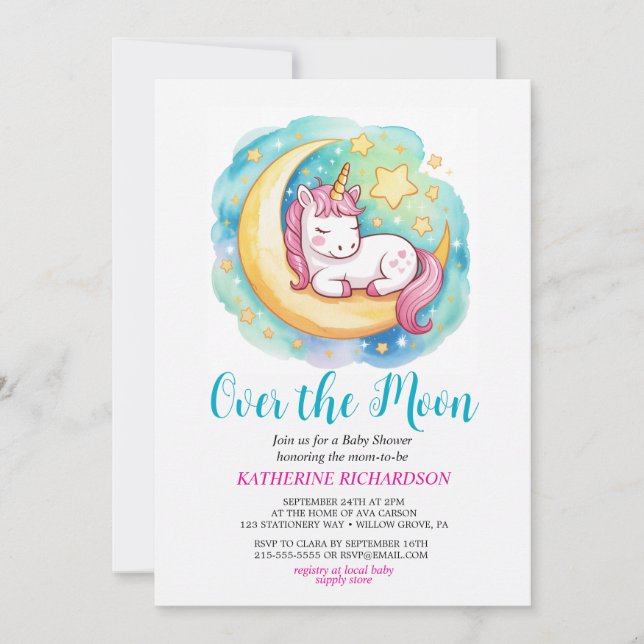 Över månen Baby Shower – Sovande enhörning  Inbjudningar (Framsida)