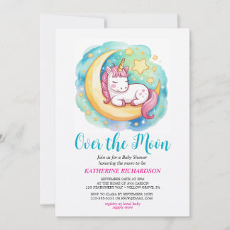Över månen Baby Shower – Sovande enhörning  Inbjudningar