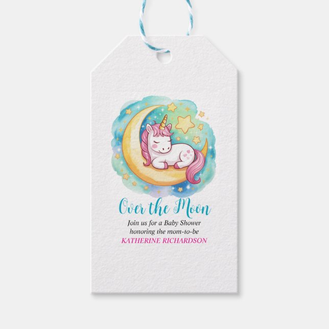 Över månen Baby Shower – Sovande enhörning  Presentetikett (Framsidan)