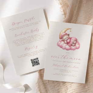 Över Månen Björn Rosa Flicka QR-kod Baby Shower Inbjudningar