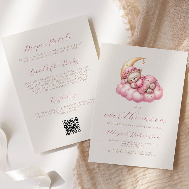 Över Månen Björn Rosa Flicka QR-kod Baby Shower Inbjudningar (Skapare uppladdad)