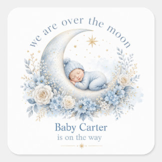 Över månen blå baby shower med anpassat namn fyrkantigt klistermärke