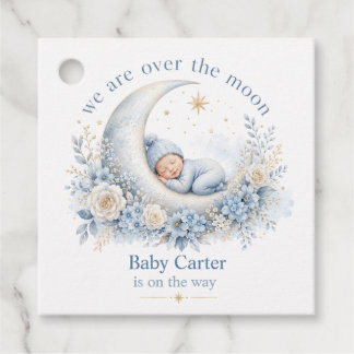 Över månen blå baby shower med anpassat namn gåvor etiketter