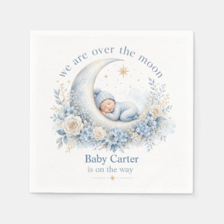 Över månen blå baby shower med anpassat namn pappersservett