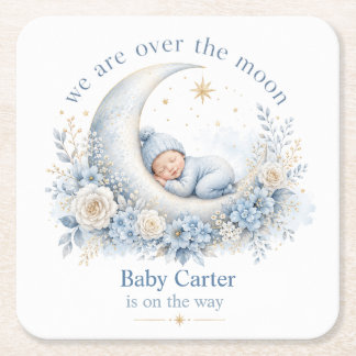 Över månen blå baby shower med anpassat namn underlägg papper kvadrat
