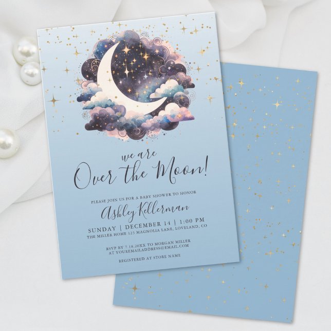 Över Månen Blå Babyfirande Inbjudningar (Over The Moon Blue Baby Shower Invitation)