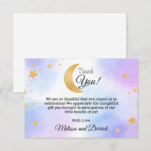 Över månen blå rosa baby shower tackkort