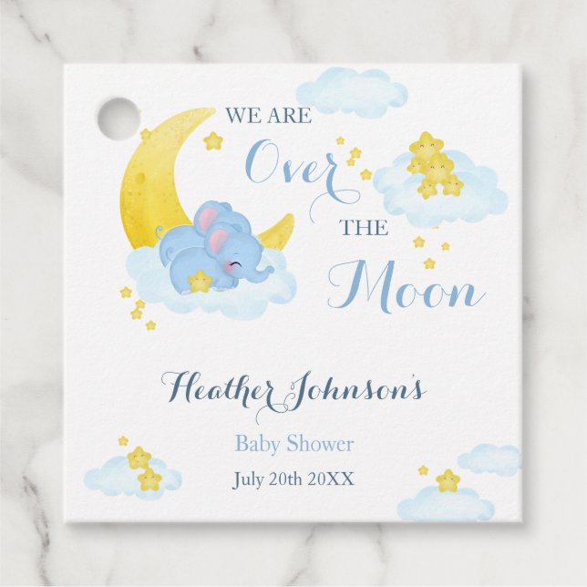 Över Månen Elefant Bebis Babyshower Gåvor Etiketter (Framsida)
