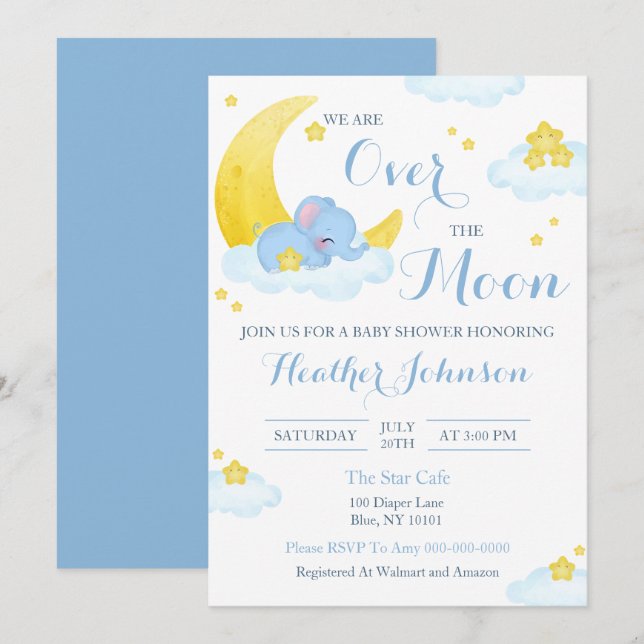 Över Månen Elefant Bebis Babyshower Inbjudningar (Fram/baksida)
