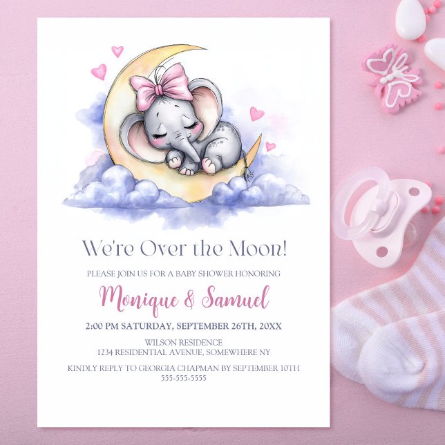 Över månen flicka elefant baby shower inbjudningar (Skapare uppladdad)