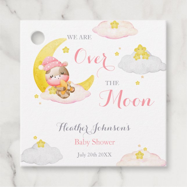 Över Månen Flicka Ko Bebis Babyshower Gåvor Etiketter (Framsida)