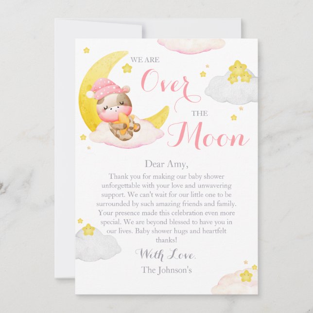 Över Månen Flicka Ko Bebis Babyshower Tack Kort (Framsida)