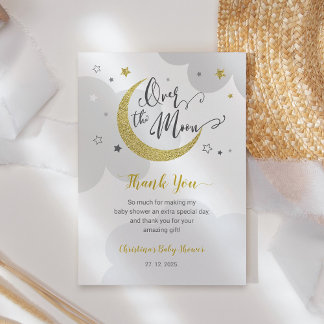 Över månen grå guldstjärnor baby shower tack kort