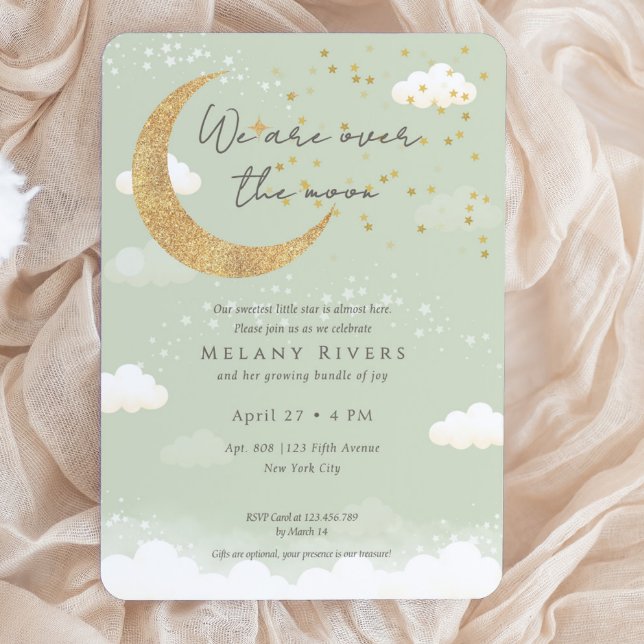 Över månen Könsneutral  Sage-barnvårtsfest Inbjudningar (Over the Moon Gender Neutral Sage Baby Shower Invitation)