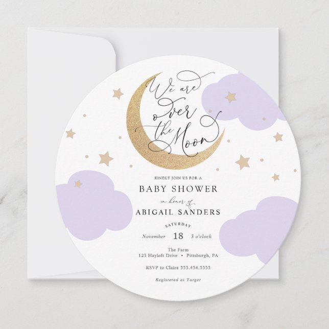Över månen lila baby shower inbjudan (Framsida)