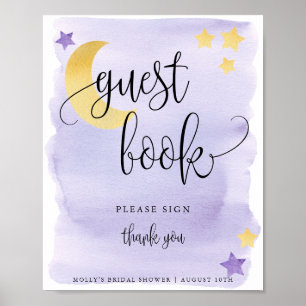 Över månen lila babyshower gästbok poster